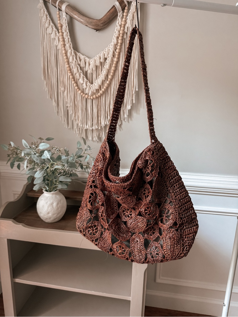 Anthropologie Brown Crochet Shoulder Bag
